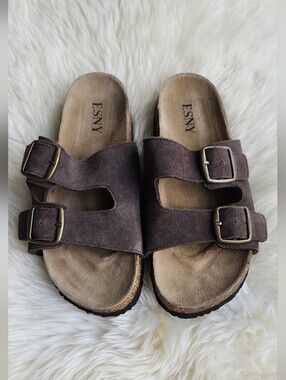 Leith Brown Suede Double-Buckle Slide Sandal
